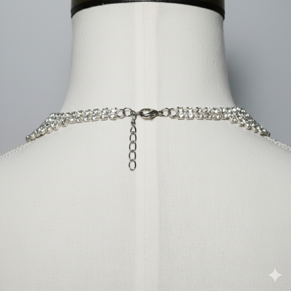 Rhinestone 24-34" Necklace Vintage Glass Statement Opera Length Layered Silver - Picture 3 of 9
